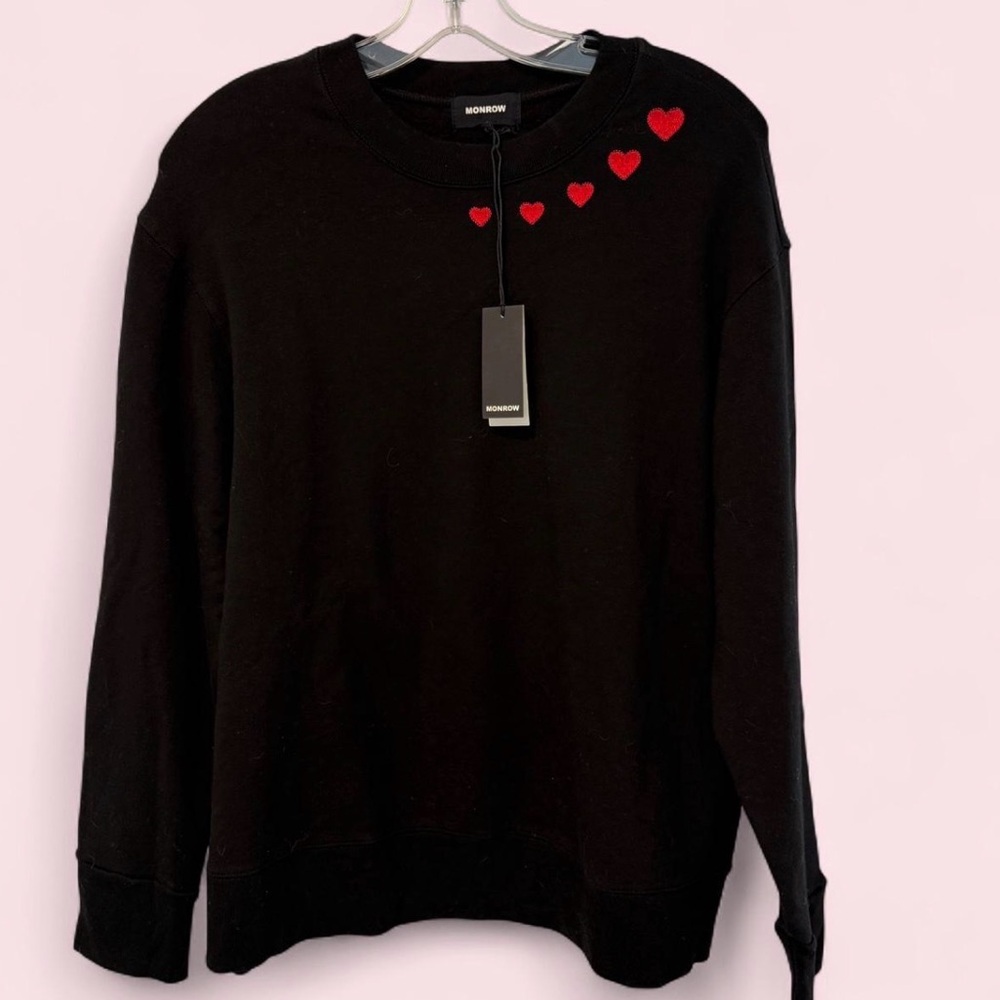 Monrow Super-Soft Sweatshirt Red Heart Embroidery Size  Large New w/ Tags